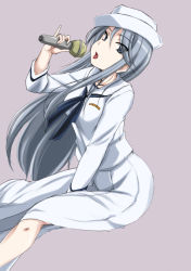 Rule 34 | 10s, 1girl, between legs, blouse, blue neckerchief, dixie cup hat, dutch angle, eyes visible through hair, flint (girls und panzer), girls und panzer, grey background, grey eyes, grey hair, hand between legs, hat, highres, holding, holding microphone, leaning forward, long hair, long sleeves, looking at viewer, microphone, military hat, music, neckerchief, ooarai naval school uniform, open mouth, pinky out, pleated skirt, sailor, sailor collar, school uniform, shirt, side slit, simple background, singing, skirt, solo, standing, wan&#039;yan aguda, white hat, white shirt, white skirt