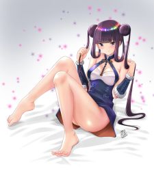 Rule 34 | bare legs, bare shoulders, barefoot, breasts, china dress, chinese clothes, double bun, dress, fate/grand order, fate (series), feet, hair bun, hair ornament, highres, large breasts, leaf hair ornament, long hair, miokikoeru, purple hair, short dress, soles, solo, thighs, very long hair, yang guifei (fate), yang guifei (first ascension) (fate)