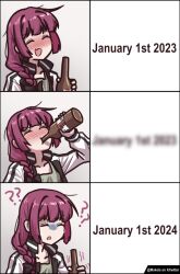 Rule 34 | 1girl, ?, ??, alcohol, artist name, beer, blurry text, blush, bocchi the rock!, bottle, braid, closed eyes, commentary, drinking, drunk, english commentary, english text, hair over shoulder, hiroi kikuri, holding, holding bottle, long hair, meme, myjet, new year, nose blush, open mouth, purple hair, side braid, single braid, smile