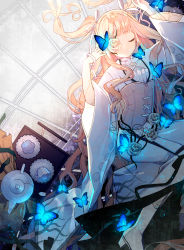 Rule 34 | 1girl, absurdres, blonde hair, blue butterfly, blue flower, blue rose, bug, butterfly, butterfly on hand, closed eyes, closed mouth, corset, flower, flower over eye, glowing butterfly, hand up, highres, insect, kakami (pixiv7616827), kirakishou, long sleeves, rose, rozen maiden, smile, solo, white flower, white rose, wide sleeves
