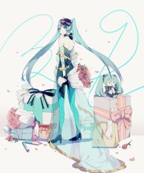 Rule 34 | 1girl, 39, absurdly long hair, absurdres, aqua choker, aqua dress, aqua eyes, aqua footwear, aqua hair, aqua legwear, aqua skirt, artist name, artist request, bare shoulders, black bow, blue eyes, blue hair, bouquet, bow, box, character doll, dress, elbow sleeves, female focus, flower, full body, gift, gift box, hair bow, hatsune miku, high heels, highres, holding, holding bouquet, holding flower, long hair, looking back, bowtie, parted lips, pohao, skirt, solo, twintails, very long hair, vocaloid, white background