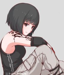 Rule 34 | 1girl, bad id, bad link, bad twitter id, black hair, black tank top, breasts, brown eyes, disco brando, faith connors, female focus, gloves, grey background, grey pants, highres, looking at viewer, medium breasts, mirror&#039;s edge, mirror&#039;s edge (series), pants, short hair, simple background, sitting, smile, solo, tank top, tattoo, twitter username