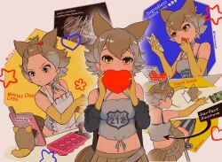 Rule 34 | 1girl, absurdres, animal ears, bare shoulders, beleven, black jacket, blonde hair, cellphone, chocolate, cooking, coyopotato, coyote (kemono friends), elbow gloves, extra ears, food, fruit, gloves, heart, highres, jacket, kemono friends, kemono friends v project, looking at viewer, navel, phone, shirt, short hair, skirt, smartphone, strawberry, tail, valentine, virtual youtuber, white shirt, wolf ears, wolf girl, wolf tail, yellow eyes
