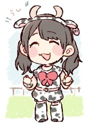 Rule 34 | 1girl, :3, :d, ^ ^, akb48, animal costume, animal ears, animal print, belt, black hair, blush, bow, bowtie, clenched hands, closed eyes, commentary request, cow costume, cow ears, cow horns, cow print, ear tag, full body, horns, kawamoto saya, long hair, open mouth, print legwear, print shirt, print shorts, real life, red bow, red bowtie, shirt, shorts, smile, solo, standing, taneda yuuta, twintails, wristband