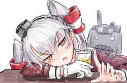 Rule 34 | 10s, 1girl, amatsukaze (kancolle), arm support, blush stickers, close-up, cup, drink, drinking glass, euaksae (ughbird), eyebrows, fang, glass, gloves, hair tubes, head tilt, highres, holding, holding cup, holding drinking glass, kantai collection, long sleeves, looking at viewer, open mouth, rensouhou-kun, silver hair, simple background, single glove, sketch, tsurime, white background, yellow eyes