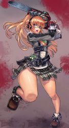 Rule 34 | 1girl, ahoge, bad anatomy, bad id, bad perspective, bad pixiv id, belt, blonde hair, blue eyes, chainsaw, chikokuma, fang, fingerless gloves, glasses, gloves, headphones, highres, long hair, oneechanbara, open mouth, plaid, plaid skirt, saaya, shoes, skirt, solo, thick thighs, thighs, twintails, wide hips
