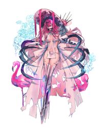 Rule 34 | 1girl, absurdres, baobhan sith (fate), baobhan sith (third ascension) (fate), bird, boots, breasts, brynhildr97, cross-laced clothes, cross-laced dress, detached sleeves, dress, facial mark, fate/grand order, fate (series), flamingo, flower, frilled hat, frills, full body, gag, grey eyes, hair ornament, hat, hat flower, high heel boots, high heels, highres, long hair, looking at viewer, medium breasts, navel, panties, pink hair, platform footwear, platform heels, revealing clothes, sidelocks, solo, spiked footwear, thigh boots, torn clothes, underwear, white background, white dress, white hat, white panties
