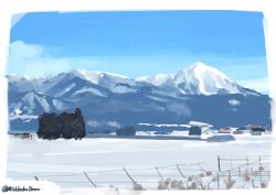 Rule 34 | absurdres, building, commentary request, day, highres, michinoku (hiking miusan18), mountain, no humans, original, outdoors, scenery, snow, tree, twitter username, winter