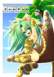 Rule 34 | 1girl, alto seneka, animal costume, animal ears, animal hands, animal print, armpits, arms up, blush, boomerang, boots, bracelet, cat ears, cat tail, cham cham, costume, detached sleeves, earrings, flat chest, green eyes, green hair, heart, jewelry, long hair, matching hair/eyes, palm tree, paw shoes, samurai spirits, shoes, smile, snk, solo, tail, tail ornament, thighhighs, tiger costume, tiger print, tree