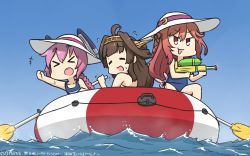 Rule 34 | 3girls, ahoge, blue one-piece swimsuit, braid, brown hair, closed eyes, commentary request, crescent, crescent hair ornament, dated, double bun, hair bun, hair ornament, hairband, hamu koutarou, hat, headgear, highres, inflatable raft, kantai collection, kongou (kancolle), lifebuoy, long hair, low-tied long hair, multiple girls, name tag, nenohi (kancolle), oar, one-piece swimsuit, open mouth, pink hair, rabbit hair ornament, red eyes, round teeth, school swimsuit, single braid, smile, sun hat, swim ring, swimsuit, teeth, upper teeth only, uzuki (kancolle), water gun, white headwear