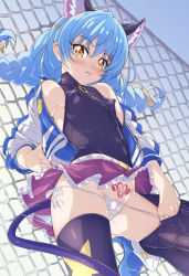 Rule 34 | 1girl, :p, absurdres, animal ear fluff, animal ears, black thighhighs, blue footwear, blue hair, blush, boots, braid, breasts, cameltoe, cat ears, cat tail, chain-link fence, closed mouth, day, extra ears, fence, hand in thighhighs, heart, heart tattoo, high heel boots, high heels, highres, jacket, long hair, looking at viewer, magical girl, nail polish, niko (tama), open clothes, open jacket, outdoors, panties, pink nails, precure, pubic tattoo, purple skirt, side-tie panties, skirt, small breasts, smile, solo, star twinkle precure, stomach tattoo, string panties, tail, tattoo, thighhighs, tongue, tongue out, twin braids, underwear, white panties, yuni (precure)