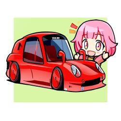 Rule 34 | 1girl, absurdres, blush, border, chibi, commentary, duz, english commentary, flower, green background, highres, jacket, looking at viewer, lotus, lotus europa, notice lines, ootori emu, open mouth, outside border, pink eyes, pink hair, pink jacket, project sekai, shadow, shirt, simple background, stance (vehicle), vehicle focus, white border, yellow shirt