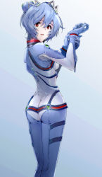Rule 34 | 1girl, absurdres, alternate color, ass, ayanami rei, blue bodysuit, blue hair, bodysuit, breasts, butt crack, cosplay, evangelion: 2.0 you can (not) advance, hairpods, highres, interface headset, multicolored bodysuit, multicolored clothes, neon genesis evangelion, pilot suit, plugsuit, rebuild of evangelion, red eyes, short hair, skin tight, small breasts, solo, souryuu asuka langley (cosplay), standing, test plugsuit, white bodysuit, yagisawa teru