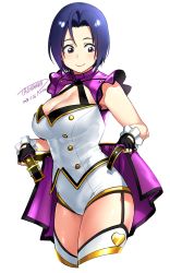 Rule 34 | 1girl, ahoge, blue hair, breasts, character request, cleavage, copyright request, fingerless gloves, gloves, gold trim, highres, large breasts, purple eyes, short hair, sleeveless, solo, tachibana roku