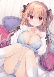 Rule 34 | 1girl, bed sheet, blue bra, blue panties, bow, bra, breasts, brown hair, cleavage, closed mouth, collarbone, commentary request, crossed fingers, crotch, cushion, hair ribbon, highres, large breasts, long hair, long sleeves, looking at viewer, medium breasts, miyasaka miyu, navel, original, panties, pillow, red eyes, ribbon, sitting, smile, socks, solo, sweater, thighs, two side up, underwear, white socks, white sweater, wooden wall
