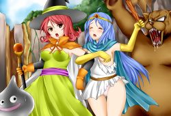 Rule 34 | 2girls, arm grab, holding another&#039;s arm, bad id, bad pixiv id, bear, blue hair, breasts, brown eyes, cape, chunsoft, circlet, cleavage, covering privates, covering breasts, dragon quest, dragon quest iii, dress, elbow gloves, enix, closed eyes, gloves, hat, long hair, mage (dq3), metal slime, monster, multiple girls, open mouth, panties, pink panties, red hair, sage (dq3), short hair, slime (dragon quest), staff, standing, thigh gap, thighs, torn clothes, underwear, white panties, witch hat, yoshimo, you gonna get raped