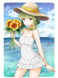 Rule 34 | 1girl, blue sky, bob cut, braid, breasts, brown eyes, casual one-piece swimsuit, cleavage, cloud, commentary request, cowboy shot, day, flower, frilled skirt, frills, green hair, hat, highres, horizon, kantai collection, one-piece swimsuit, outdoors, remimiku, short hair, short hair with long locks, sidelocks, skirt, sky, small breasts, solo, striped clothes, striped one-piece swimsuit, sun hat, sunflower, swimsuit, swimsuit skirt, takanami (kancolle), white one-piece swimsuit