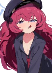 Rule 34 | 1girl, black shirt, blue archive, collared shirt, food, food in mouth, grey eyes, halo, hat, highres, iroha (blue archive), kiomota, long hair, looking at viewer, loose necktie, military hat, necktie, pocky, pocky in mouth, red hair, red necktie, shirt, solo, wavy hair