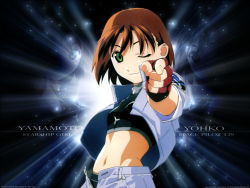 Rule 34 | 1990s (style), 1girl, ;), black gloves, brown hair, buttons, character name, finger gun, fingerless gloves, gloves, green eyes, jacket, jewelry, midriff, navel, necklace, one eye closed, open clothes, open fly, open jacket, pendant, pointing, pointing at viewer, short hair, smile, solo, soreyuke! uchuu senkan yamamoto youko, tank top, unbuttoned, unzipped, upper body, wallpaper, wink, yamamoto youko