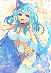 Rule 34 | 1girl, :d, animal ear fluff, animal ears, bare shoulders, blue cape, blue eyes, blue hair, breasts, bridal legwear, cape, cat ears, cat girl, cat tail, cleavage, commentary request, copyright request, double v, hair between eyes, hands up, jewelry, kou hiyoyo, large breasts, long hair, no shoes, open mouth, ring, smile, solo, standing, standing on one leg, tail, thighhighs, v, virtual youtuber, white thighhighs