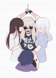 4girls ai_(girls_band_cry) ball_gag black_choker black_shirt blindfold blue_hair blue_shirt blush brown_hair chinese_commentary choker clothes_lift commentary_request diamond_dust_(girls_band_cry) gag gagged girls_band_cry grey_hair hair_between_eyes hand_under_clothes highres kawaragi_momoka long_hair multiple_girls nana_(girls_band_cry) open_mouth purple_shirt restrained rin_(girls_band_cry) shikai_no_sumi_kuchiru_oto shirt shirt_lift short_hair short_sleeves sidelocks white_hair white_shirt yun_cao_bing yuri