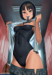 Rule 34 | 1girl, amagami, areola slip, bag, black hair, black one-piece swimsuit, blue skirt, breasts, brown eyes, cleft of venus, commentary, covered navel, cowboy shot, day, grin, indoors, lasterk, locker, locker room, looking at viewer, medium breasts, mouth hold, one-piece swimsuit, open clothes, open shirt, parted lips, pleated skirt, school uniform, shirt, skirt, smile, solo, standing, strap slip, swimsuit, swimsuit under clothes, tachibana miya, undressing, white shirt