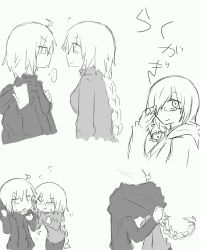 Rule 34 | ..., 4girls, :t, ?, ahoge, blush, braid, chibi, closed eyes, face-to-face, fate/grand order, fate (series), fujimaru ritsuka (female), greyscale, hair over one eye, highres, hood, hoodie, implied kiss, jeanne d&#039;arc (fate), jeanne d&#039;arc (ruler) (fate), jeanne d&#039;arc alter (avenger) (fate), jeanne d&#039;arc alter (fate), long braid, long sleeves, looking at another, looking at viewer, looking away, mash kyrielight, monochrome, multiple girls, o o, pout, short hair, single braid, sketch, smile, spoken ellipsis, the iizumi, tongue, tongue out, translation request, yuri