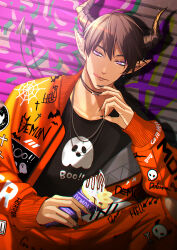 Rule 34 | 1boy, black nails, black shirt, brown hair, brown horns, demon, demon boy, demon horns, demon tail, ear piercing, earrings, food, ghost print, halloween, highres, horns, ice cream, jacket, jewelry, licking lips, long sleeves, looking at viewer, male focus, mixed-language commentary, necklace, orange jacket, orange pants, outdoors, pants, piercing, pointy ears, purple eyes, shirt, short hair, sitting, smile, tail, tan, tongue, tongue out, yori (ito haruki)