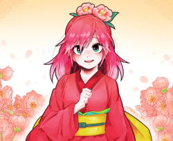 Rule 34 | 10s, 1girl, blush, flower, geusaeng, green eyes, hair flower, hair ornament, high ponytail, japanese clothes, kimono, long hair, looking at viewer, multicolored hair, parted lips, pink hair, solo, tsubakihime (youkai watch), two-tone hair, traditional youkai, youkai watch