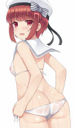 Rule 34 | 10s, 1girl, ass, bikini, blush, breasts, brown hair, butt crack, covered erect nipples, cowboy shot, eyebrows, from behind, hat, highres, kantai collection, looking back, mizunashi kenichi, open mouth, red eyes, sailor bikini, sailor collar, see-through, short hair, side-tie bikini bottom, small breasts, solo, swimsuit, wet, white background, white bikini, white hat, z3 max schultz (kancolle)