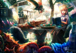 Rule 34 | 1girl, bird, blonde hair, book, bread, cape, dress, eagle, feathers, flower, food, hair ornament, jinichi, long hair, open book, open mouth, original, reading, red eyes, sitting