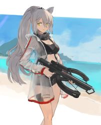 Rule 34 | 1girl, absurdres, animal ears, arknights, bare legs, black shorts, blue sky, bow (weapon), breasts, cat ears, cleavage, cloud, commentary request, crop top, crossbow, day, feet out of frame, grey hair, hair over one eye, highres, holding, holding crossbow, holding weapon, jacket, long hair, long sleeves, looking at viewer, medium breasts, midriff, oden (o-den), open clothes, open jacket, outdoors, partial commentary, ponytail, pouch, schwarz (arknights), short shorts, shorts, sky, solo, standing, stomach, thigh strap, very long hair, weapon, yellow eyes