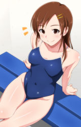 Rule 34 | 1girl, alternate hairstyle, bench, blue one-piece swimsuit, blush, breasts, brown eyes, brown hair, collarbone, competition school swimsuit, covered navel, futami mami, groin, hair down, hair ornament, hairclip, idolmaster, idolmaster (classic), long hair, matching hair/eyes, one-piece swimsuit, school swimsuit, sitting, small breasts, smile, solo, swimsuit, tengu (tetuo kun), thigh gap, thighs
