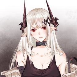 Rule 34 | 1girl, arknights, bare shoulders, black choker, breasts, chinese commentary, choker, cleavage, commentary request, guoziqiqi, highres, horns, infection monitor (arknights), long hair, looking at viewer, material growth, mudrock (arknights), off shoulder, oripathy lesion (arknights), parted lips, partial commentary, pointy ears, red eyes, sarashi, silver hair, solo, upper body