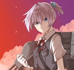 Rule 34 | 10s, 1girl, black vest, blue eyes, cloud, dusk, gloves, hair ornament, highres, kantai collection, looking at viewer, pink hair, ponytail, red ribbon, ribbon, shiranui (kancolle), short hair, simple background, solo, tsukamoto minori, turret, vest, white gloves