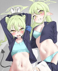 Rule 34 | 2girls, absurdres, armband, arms behind back, arms up, blue archive, blush, bound, bound wrists, breasts, clenched teeth, cropped jacket, demon girl, drooling, gloves, green hair, halo, heart, heart-shaped pupils, hikari (blue archive), nozomi (blue archive), highres, implied sex, looking at viewer, midriff, multiple girls, navel, open mouth, pantyhose, pinkucatjs, pointy ears, simple background, small breasts, symbol-shaped pupils, tears, teeth, torn clothes, torn pantyhose, twintails, underwear, white pantyhose, yellow eyes