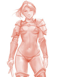 Rule 34 | 1girl, arm guards, armor, bikini, bikini armor, breasts, cleavage, closed mouth, gloves, gluteal fold, highres, legs apart, midriff, minamoto80486, monochrome, multi-strapped bikini bottom, navel, red theme, short hair, shoulder armor, simple background, small breasts, smile, solo, split mouth, standing, swimsuit, underboob, white background, wizardry