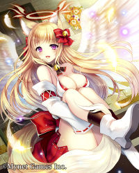 Rule 34 | 1girl, :d, angel wings, animal ears, bell, black choker, black legwear, blonde hair, boots, bow, breasts, choker, cleavage, door, dutch angle, flower, fox ears, fox tail, hair bow, halo, hugging own legs, jingle bell, knees up, large breasts, long hair, looking at viewer, maboroshi juuhime, official art, open mouth, purple eyes, red bow, red skirt, robosuke, sitting, skirt, smile, solo, stairs, stone wall, tail, very long hair, wall, white footwear, white wings, wings