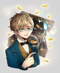 Rule 34 | 1boy, blue eyes, bow, bowtie, brown hair, coin, fantastic beasts and where to find them, freckles, grey background, harry potter (series), highres, magic, male focus, newt scamander, niffler, open mouth, seitarou, simple background, solo, sparkle, suitcase, teeth, upper body, wand, wizarding world
