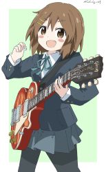 Rule 34 | 1girl, :d, absurdres, artist name, bad id, bad pixiv id, black pantyhose, blazer, blue jacket, blue ribbon, blue skirt, blush stickers, brown eyes, brown hair, commentary request, cynical (llcbluckg c004), electric guitar, guitar, hair ornament, hairclip, highres, hirasawa yui, holding, holding instrument, instrument, jacket, k-on!, long sleeves, miniskirt, neck ribbon, open mouth, pantyhose, ribbon, sakuragaoka high school uniform, school uniform, shirt, short hair, skirt, smile, twitter username, watermark, white shirt