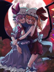 Rule 34 | 2girls, :d, absurdres, arm around neck, bat wings, blonde hair, bow, bowtie, brooch, collared shirt, commentary, crystal, fangs, feet out of frame, flandre scarlet, frilled shirt, frilled skirt, frilled sleeves, frills, full moon, grey shirt, grey skirt, hair between eyes, hand on another&#039;s head, hat, hat ribbon, high heels, highres, holding another&#039;s arm, hug, hug from behind, jewelry, kaden (muxt8423), leg up, looking at another, looking at viewer, medium hair, mob cap, moon, multiple girls, one side up, open mouth, parted lips, puffy short sleeves, puffy sleeves, purple hair, red bow, red bowtie, red eyes, red footwear, red ribbon, red shirt, red skirt, remilia scarlet, ribbon, ribbon-trimmed headwear, ribbon trim, shirt, short hair, short sleeves, siblings, side ponytail, sisters, skirt, skirt set, sleeveless, sleeveless shirt, slit pupils, smile, socks, teeth, tongue, tongue out, touhou, v-shaped eyebrows, waist bow, white bow, white headwear, white legwear, wings, wrist cuffs