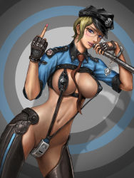 Rule 34 | 1girl, adapted uniform, between breasts, blonde hair, blue eyes, breasts, condom, cuffs, fingerless gloves, glasses, gloves, handcuffs, large breasts, middle finger, navel, necktie, neongun, original, police, police uniform, policewoman, rod, short hair, slingshot swimsuit, solo, swimsuit, thighhighs, uniform, whistle