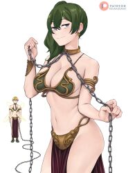 Rule 34 | 1boy, 1girl, absurdres, bare shoulders, breasts, chain, chain leash, cleavage, commentary, cosplay, dismaiden, earrings, english commentary, green hair, hair between eyes, highres, jewelry, land (sousou no frieren), large breasts, leash, looking at viewer, metal bikini, navel, pelvic curtain, princess leia organa solo, princess leia organa solo (cosplay), purple eyes, side ponytail, smile, sousou no frieren, ubel (sousou no frieren)