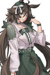 Rule 34 | 1girl, ahoge, alternate costume, alternate hairstyle, animal ears, arm at side, bow, bowtie, breasts, brown hair, choker, closed mouth, cowboy shot, green eyes, green skirt, hair between eyes, hair bow, hair ornament, hand up, hat, highres, horse ears, horse girl, horse tail, long hair, long sleeves, low twintails, midorin 567, mini hat, mini top hat, mr. c.b. (umamusume), shirt, shirt tucked in, simple background, skirt, small breasts, smile, solo, tail, top hat, twintails, umamusume, unfinished, very long hair, white background, white shirt, x hair ornament