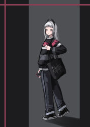 Rule 34 | 1girl, arknights, bag, black background, black footwear, black pants, blush, cellphone, closed mouth, commentary request, grey background, grey eyes, grey hair, highres, holding, holding phone, irene (arknights), kimsuwan2013, long hair, long sleeves, looking at viewer, looking to the side, pants, phone, puffy long sleeves, puffy sleeves, shadow, shirt, shoes, solo, striped clothes, striped shirt, tic-tac-toe