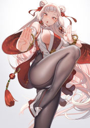 Rule 34 | 1girl, bare shoulders, blush, bow, bracelet, breasts, chinese clothes, double bun, dress, fangxiang cuoluan, fighting stance, fingernails, gradient background, hair bow, hair bun, hair ornament, high heels, highres, japanese clothes, jewelry, kimono, leg up, legs, loincloth, long hair, looking at viewer, medium breasts, open mouth, original, pantyhose, red eyes, shiny skin, short dress, sideboob, simple background, sleeveless, solo, standing, standing on one leg, underwear, white hair, wide sleeves