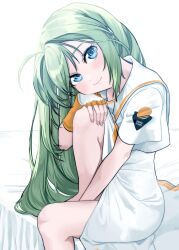 Rule 34 | 1girl, alice carroll, aogirism, aria (manga), blouse, blue eyes, blush, collared dress, dress, fingerless gloves, gloves, green hair, hand rest, head rest, head tilt, highres, hugging own legs, knee up, long dress, long hair, looking at viewer, on bed, orange planet uniform, parted bangs, shirt, simple background, sitting, smile, solo, two-tone gloves, uniform, white background, white dress, white gloves, yellow gloves