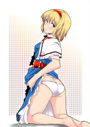 Rule 34 | 1girl, alice margatroid, ass, barefoot, blonde hair, blue eyes, blush, butt crack, capelet, clothes lift, dress, dress lift, feet, female focus, from behind, frown, hair between eyes, hairband, holding, holding clothes, k2isu, kneeling, looking back, panties, short hair, solo, touhou, underwear, white panties