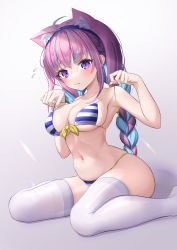 Rule 34 | 1girl, absurdres, ahoge, animal ear fluff, animal ears, bare arms, bare shoulders, bikini, bikini pull, blue hair, blue hairband, blush, bow, bow bikini, braid, breasts, cat ears, cat girl, cleavage, closed mouth, clothes pull, collarbone, colored inner hair, crying, crying with eyes open, extra ears, front-tie bikini top, front-tie top, full body, hairband, hands up, highres, hololive, large breasts, left (left sio), legs, long hair, looking at viewer, minato aqua, minato aqua (hololive summer 2019), multicolored hair, navel, pink hair, ponytail, pulling own clothes, purple eyes, sidelocks, sitting, skindentation, solo, stomach, streaked hair, string bikini, string pull, striped bikini, striped clothes, swimsuit, tears, thighhighs, two-tone hair, virtual youtuber, wariza, white background, white thighhighs, yellow bow
