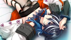 Rule 34 | 1girl, ahoge, akatsuki yureru koi akari, arakawa sonomi, armpits, arms up, blue eyes, blush, breasts, closed mouth, detached collar, female focus, floor, from above, game cg, jacket, light blush, looking at viewer, lying, medium hair, multicolored hair, nose blush, original, outstretched arms, see-through, small breasts, solo, two-tone hair, upper body, usume shirou